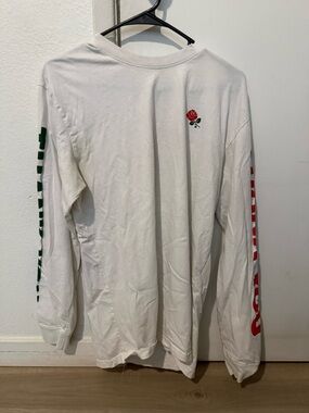 White Long-Sleeve Tee with Red Rose and Sleeve Print